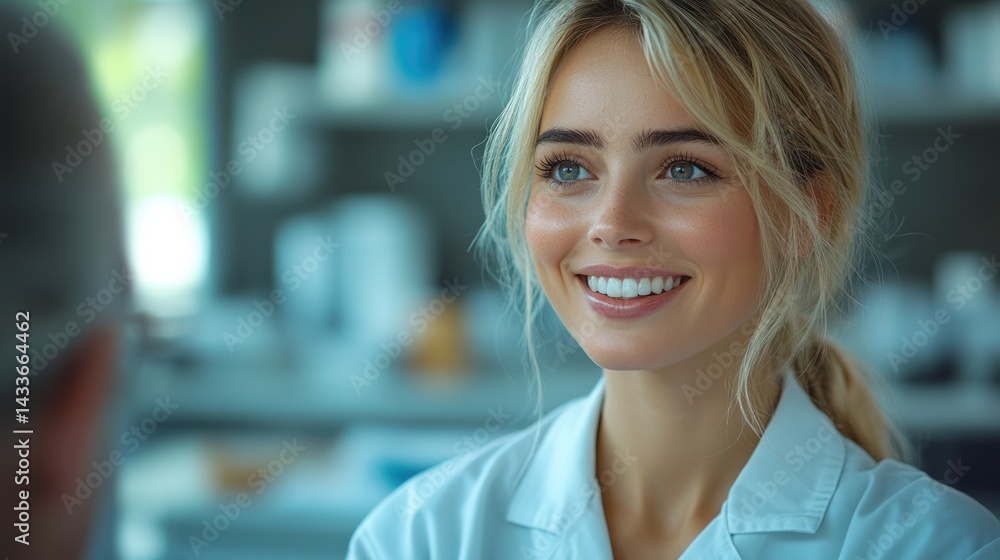 Woman smiles at someone in a lab setting wearing a lab coat. Woman smiles at someone in a lab setting wearing a lab coat.