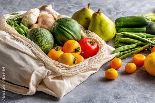 Fresh produce in a reusable shopping bag.  Colorful fruits and vegetables ready for the kitchen.