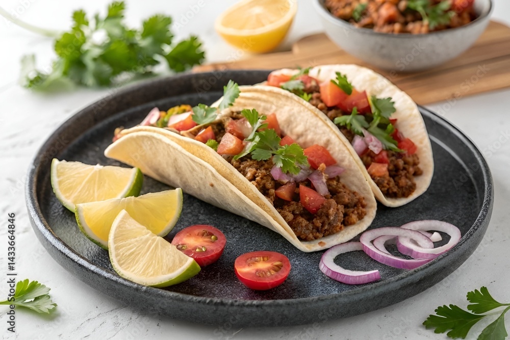 Delicious Minced Meat Tacos with Fresh Cilantro, Tomatoes, and Lemon Wedges on Soft Tortillas Delicious Minced Meat Tacos with Fresh Cilantro, Tomatoes, and Lemon Wedges on Soft Tortillas