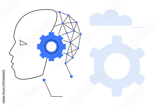 Head outline with neural connections, blue gear, and cloud. Ideal for AI, technology, innovation, robotics, data analysis machine learning automation concepts. Flat simple metaphor