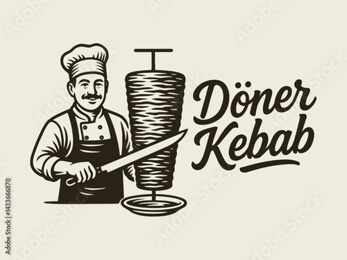 Chef slicing doner meat with knife, in vintage engraving style emblem