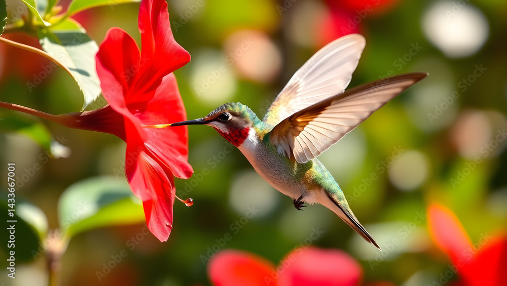Fototapeta premium Ultrarealistic Hummingbird in Flight, Feeding on Vibrant Red Flower
