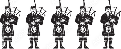 Five Bagpipers in Kilts Playing Bagpipes in Silhouette