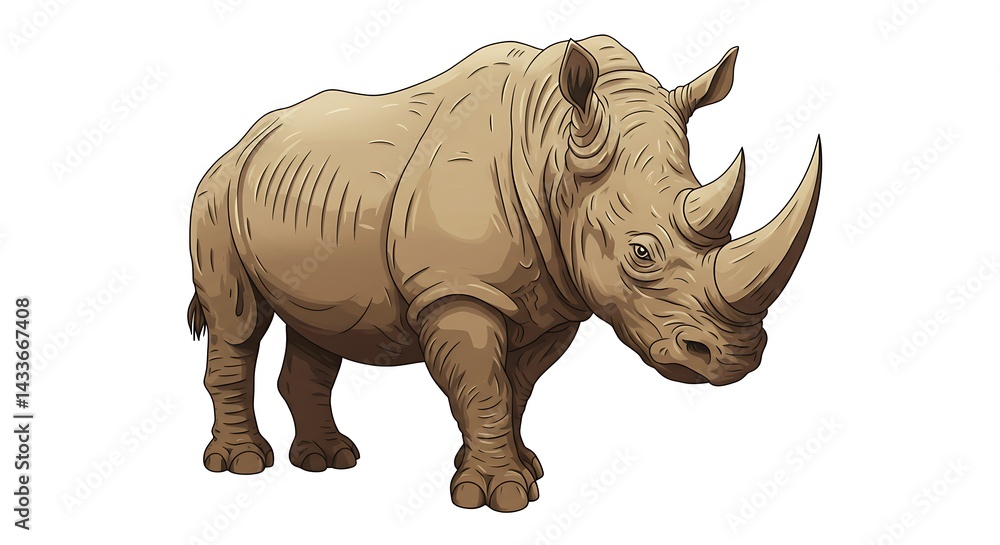 Obraz premium Illustration of a Detailed Rhinoceros with Textured Skin and Prominent Horns in Neutral Colors