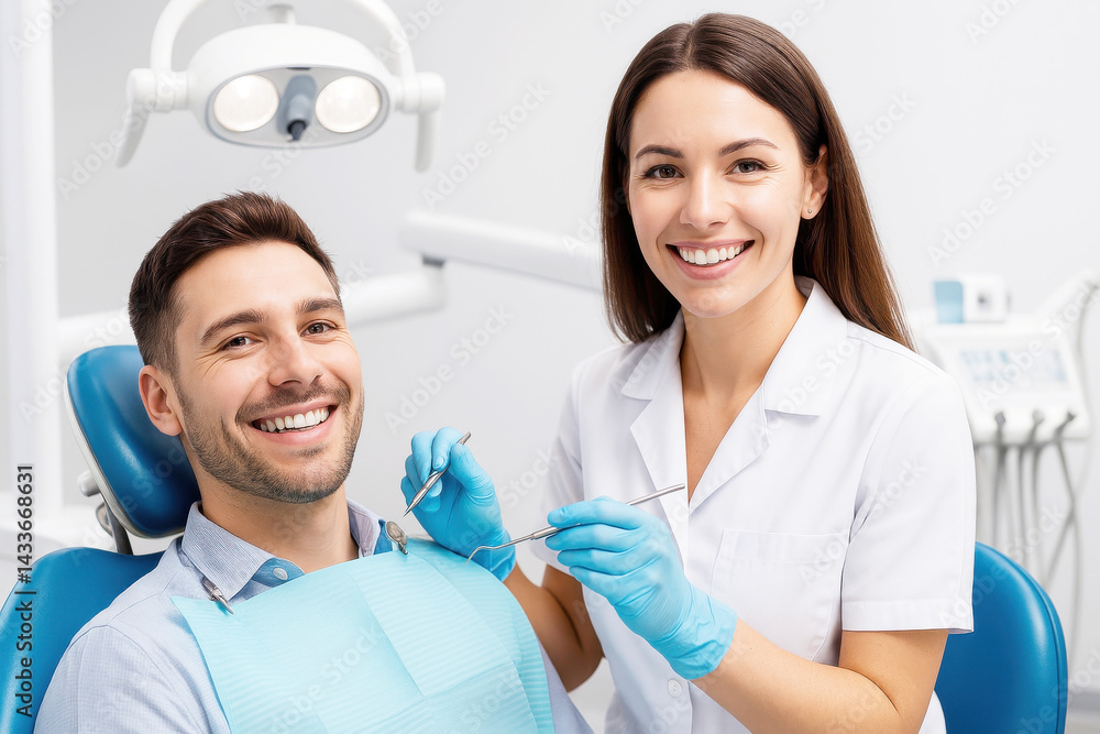 Fototapeta premium A dentist and a patient smiling in a dental clinic during a check-up.