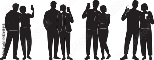 Silhouette Couples Taking Selfies with Smartphones