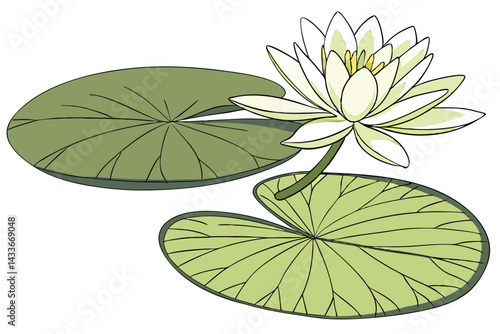 92 Lily pad, bright green leaf, floating on water, white delicate flower, botanical illustration, high detail, soft lighting, nature study, minimalist composition, serene atmosphere, close-up view, re