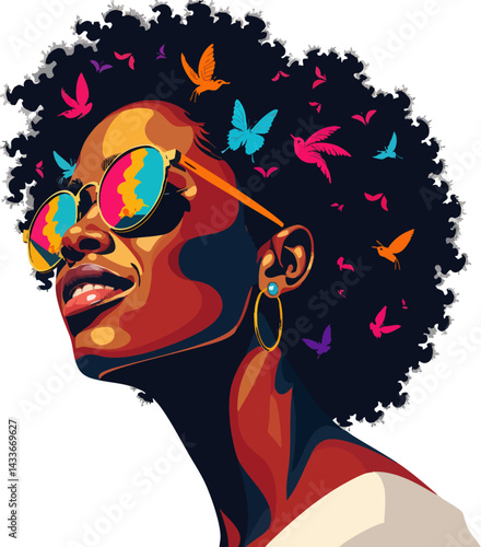 an illustration of a woman with glasses and butterflies in her hair