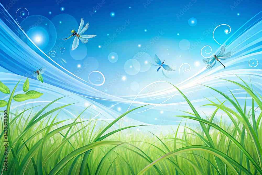 Obraz premium Sky blue to grass green with dragonflies and swirly wind currents