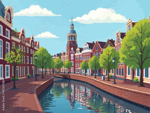  a painting of a canal with buildings and a church in the background