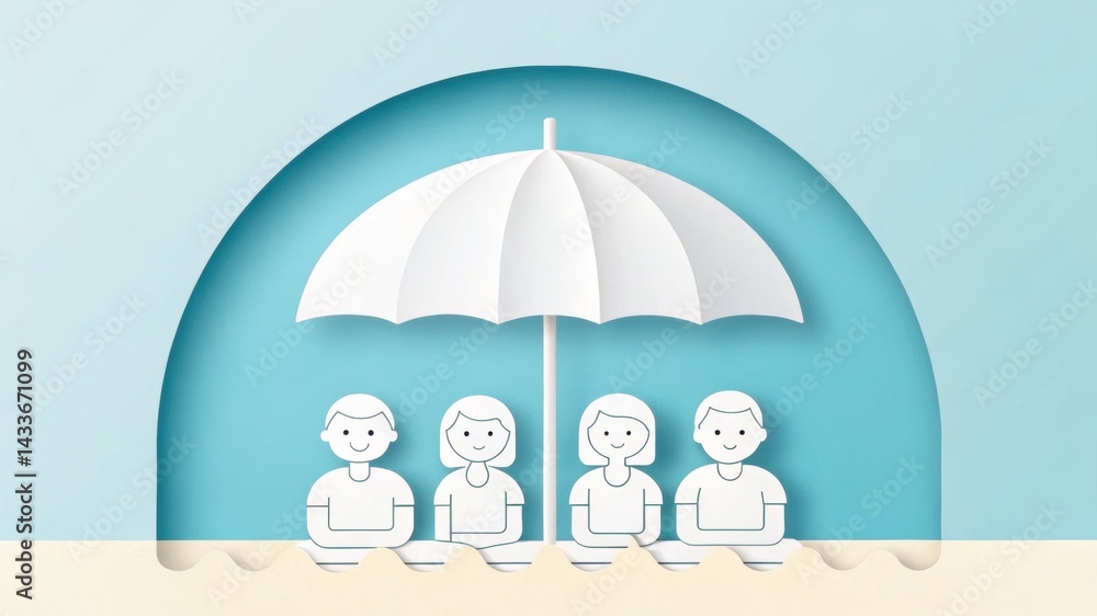 A simple, minimalist illustration of four people under an umbrella by the sea, symbolizing relaxation and togetherness. A simple, minimalist illustration of four people under an umbrella by the sea, symbolizing relaxation and togetherness.