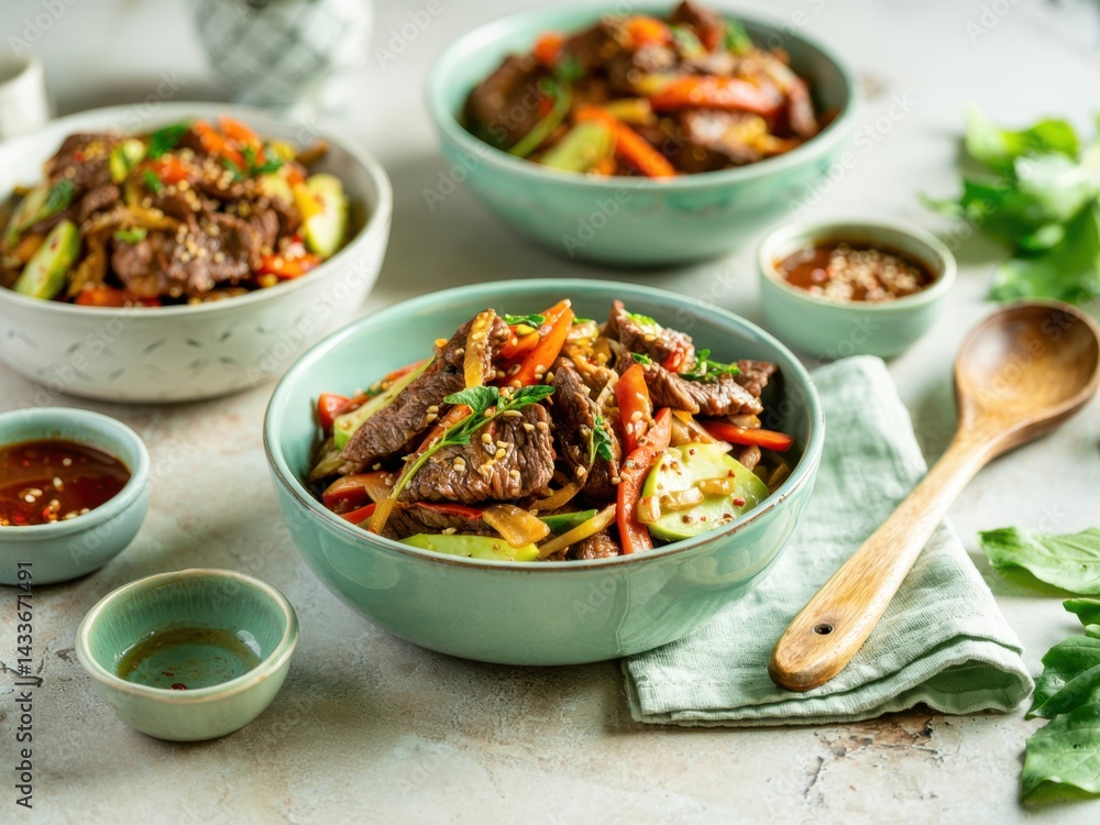 Colorful stir-fried vegetables and beef served in bowls on a table Colorful stir-fried vegetables and beef served in bowls on a table