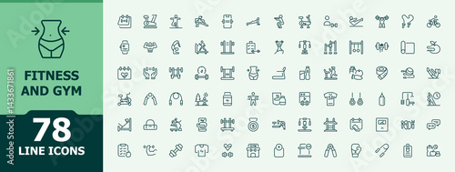 Set of Fitness and Gym line icon. Lifestyle modern vector ui icons. Minimalist icons pack. Exercise icon collection. Editable stroke vector art.