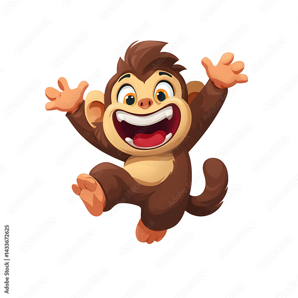 Obraz premium A cheerful cartoon monkey leaps joyfully with open arms and mouth, radiating happiness.