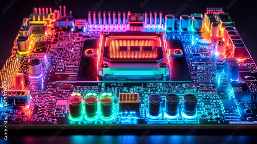 Colorful Illuminated Circuit Board Close Up Colorful Illuminated Circuit Board Close Up