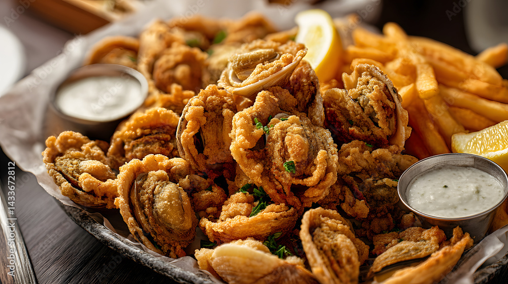 Fototapeta premium Delicious Fried Whole Clams with Crispy Fries and Dipping Sauces on a Platter Ready to Enjoy
