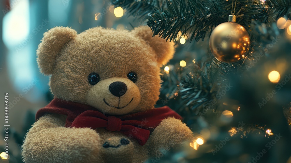 Teddy bear poses near Christmas tree, adorned with golden ornament, creating a festive, cozy atmosphere. Teddy bear poses near Christmas tree, adorned with golden ornament, creating a festive, cozy atmosphere.