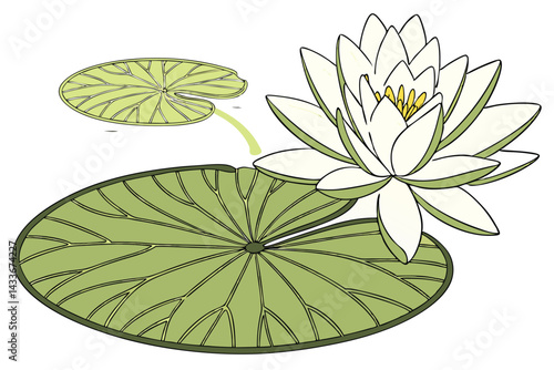 92 Lily pad, bright green leaf, floating on water, white delicate flower, botanical illustration, high detail, soft lighting, nature study, minimalist composition, serene atmosphere, close-up view, re