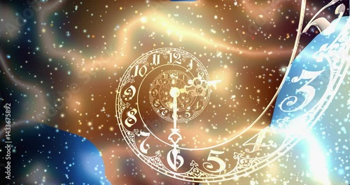 A glowing blue spiral clock floats among countless shining particles, creating a dreamlike fusion of time and space. The intricate clock design, combined with the starry background, evokes a sense of