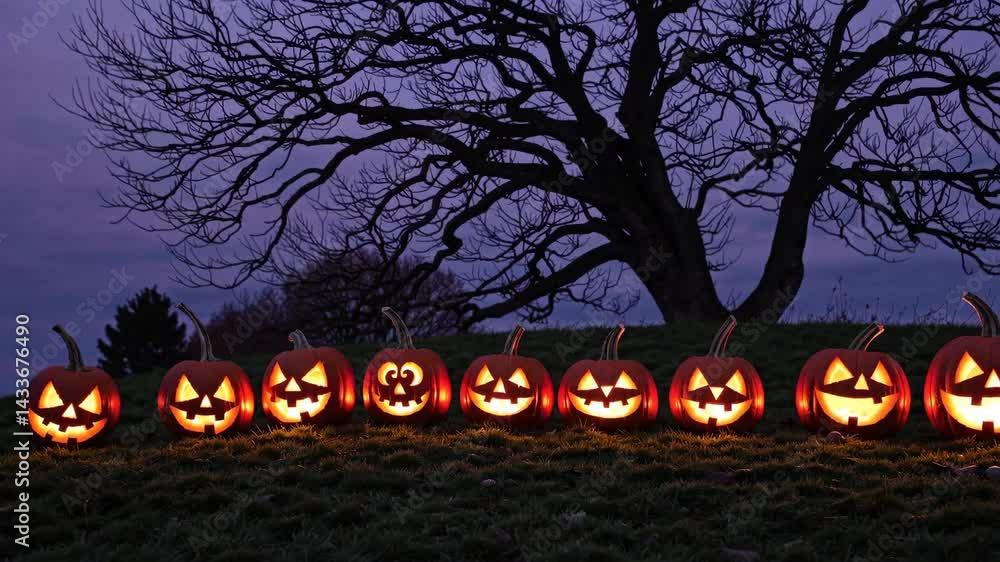 Glowing jacko'lanterns illuminate the twilit landscape with eerie halloween charm
