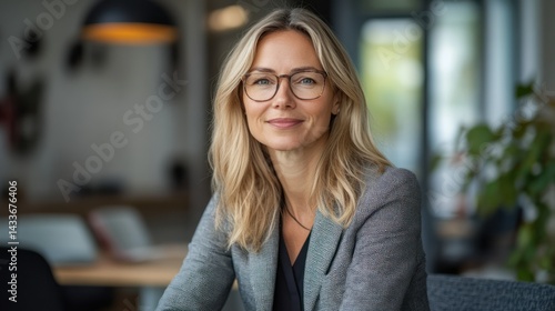 Caucasian businesswoman with glasses, smiles confidently, projecting strength, expertise, and a positive outlook.