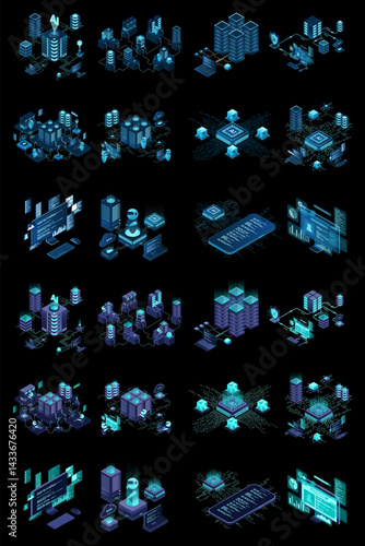 Large set of isometric modern technology concept for cloud computing, datacenter, database, artificial intelligence, and blockchain technology. Isometric technology