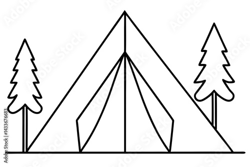 Tent Under Tall Trees Line Art Vector Illustration