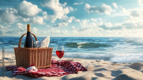 Fototapeta Naklejka Na Ścianę i Meble -  Picnic with Wine at Beach