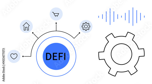 DEFI hub with connected icons for home, shopping cart, heart, gear, audio waves. Ideal for fintech, blockchain, cryptocurrency, innovation decentralization technology simple landing page