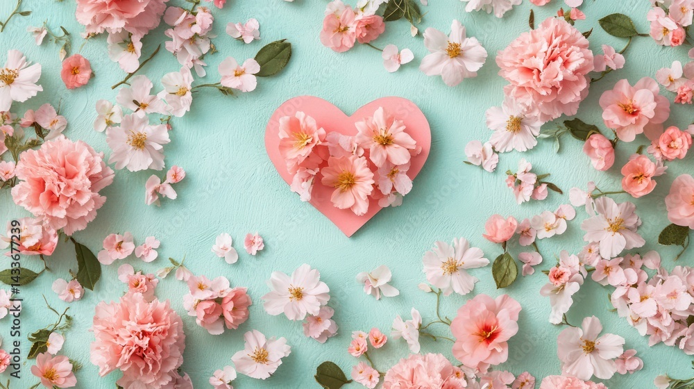 Fototapeta premium Heart shape surrounded by flowers creates delicate floral arrangement featuring pink, white blooms on pastel backdrop.
