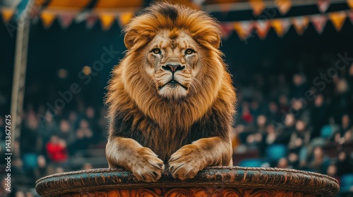 Lion sits regally, watching audience, animal showcases power, strength, wild nature, trained skills, stage presence.