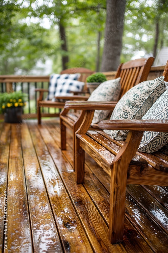 Obraz premium Elegant Wooden Deck Chairs After Rain – Deck Safety Month