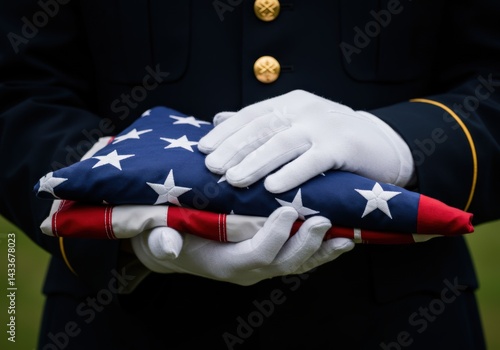 Hands of a uniformed person respectfully holding a folded American flag, representing honor and dedication.