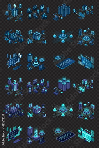 Large set of isometric modern technology concept for cloud computing, datacenter, database, artificial intelligence, and blockchain technology. Isometric technology