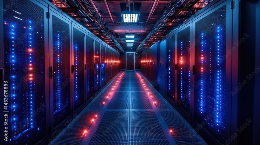 Fototapeta premium A server room corridor with illuminated racks showing blue and red lights.
