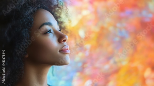 African American young woman looks up, displaying pensive expression, suggesting contemplation and hope.