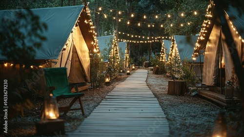 Tents, lit, await campers amid string lights, offering tranquil vacation accommodation, serene outdoor getaway.