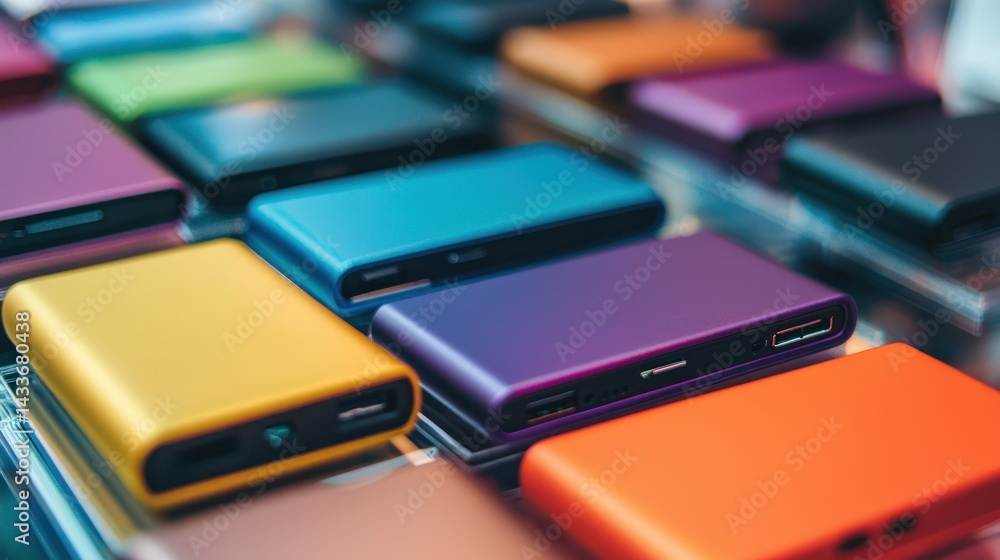 Branded power banks neatly arranged at a conference booth Branded power banks neatly arranged at a conference booth