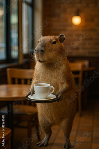 Meet adorable capybara barista, elegantly balancing a tray with a steaming cup of coffee 