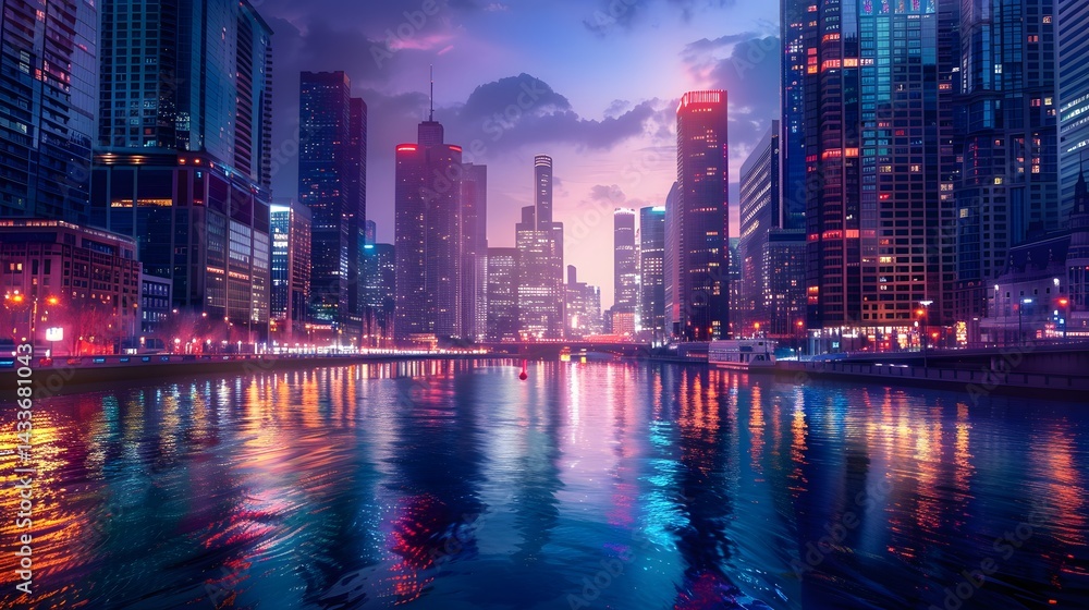 Fototapeta premium Futuristic Cyberpunk City Skyline at Sunset Reflected on Calm River Water 