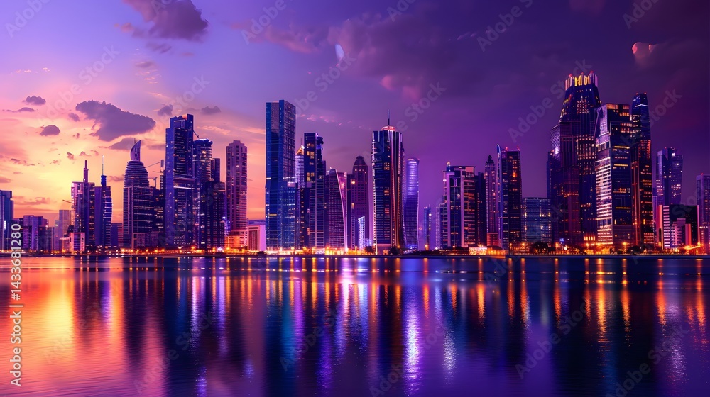 Obraz premium Futuristic City Skyline at Dusk with Vibrant Reflections and Neon Lights 