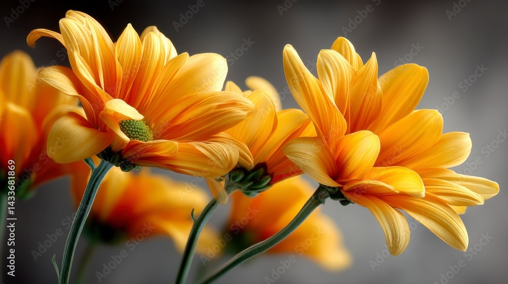 Fototapeta premium Close up of three vibrant yellow flowers with water droplets, soft gray background.