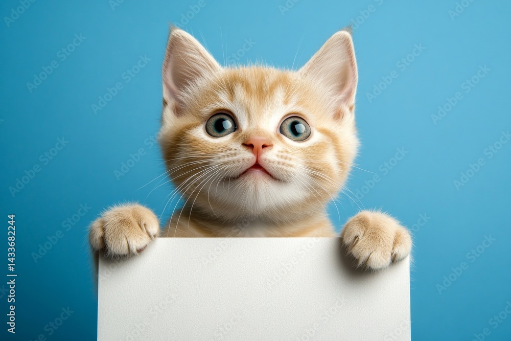Naklejka premium Cat banner image. Сute cat british shorthair hold in front paws a concept - large white boulevard sign. Ad sign with cat. Cat near signage. Isolated baby feline on a solid suit rblue background.