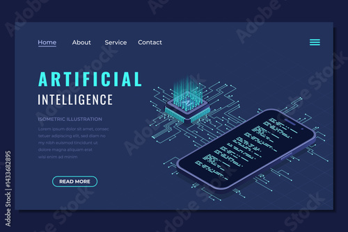 Isometric artificial intelligence landing page. Machine learning technology. Digital technology website landing page. Isometric technology