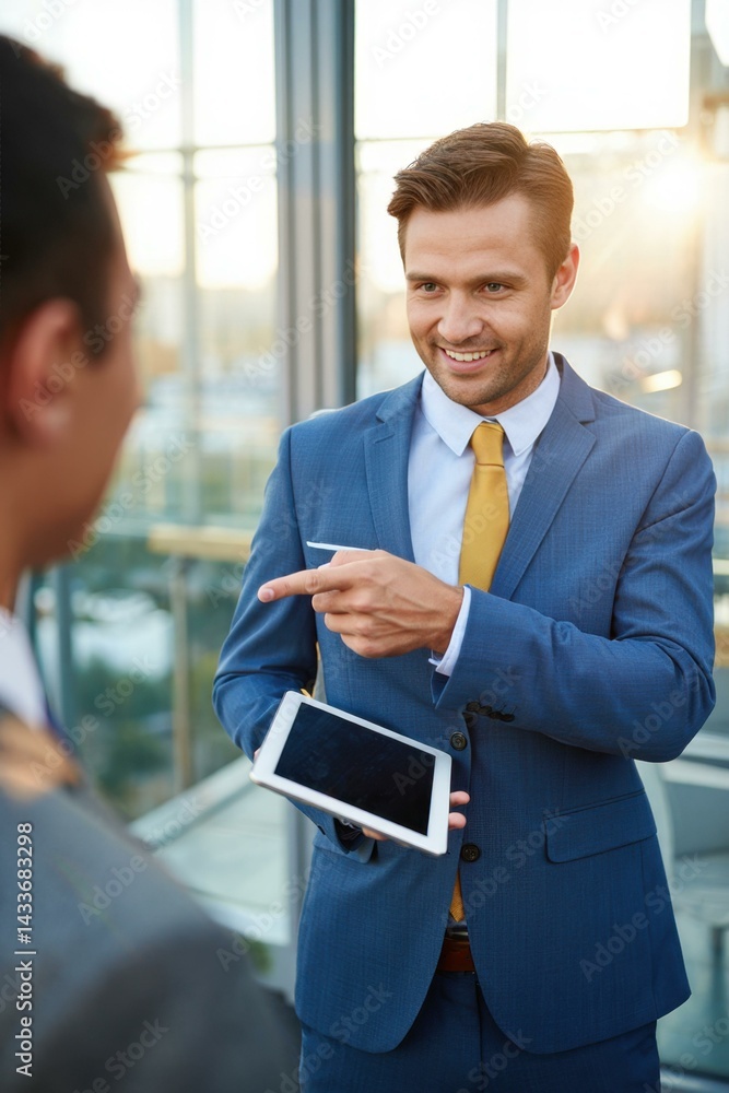 Fototapeta premium Engaging business discussion between two professionals in a modern office during golden hour