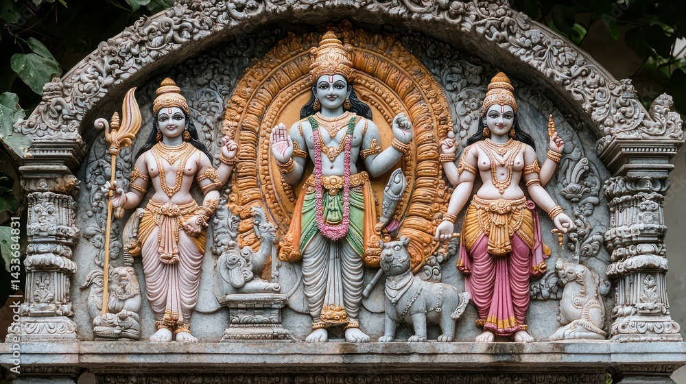 Carved stone statue of Lord Rama, Lakshmana, and Sita Carved stone statue of Lord Rama, Lakshmana, and Sita