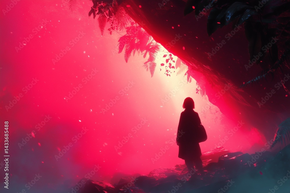 Naklejka premium Mystical Silhouette of a Person Standing Amidst a Vibrant Pink Forest Landscape
