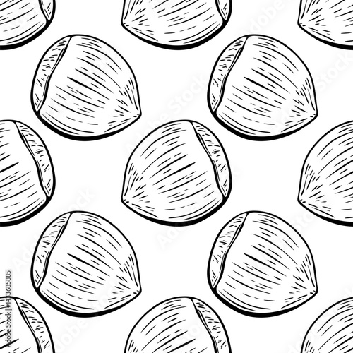 Seamless black and white hazelnut pattern in vector line drawing