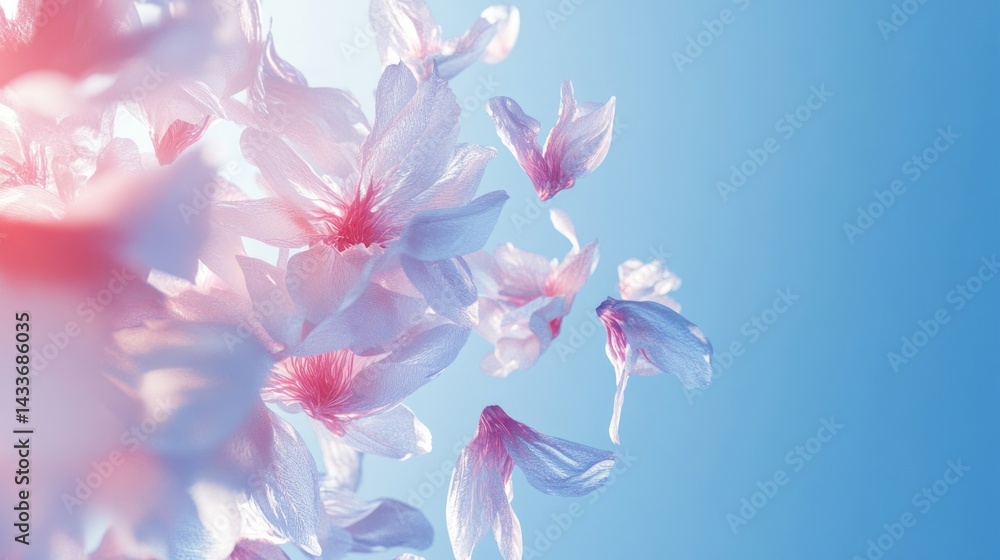 Fototapeta premium Delicate cherry blossom petals gracefully falling against a pale sky.