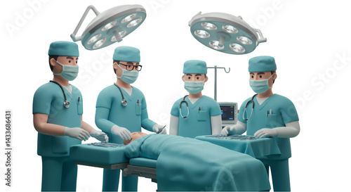 Surgical Team Performing Operation in Brightly Lit Operating Room with Patient on Table Against Transparent Background